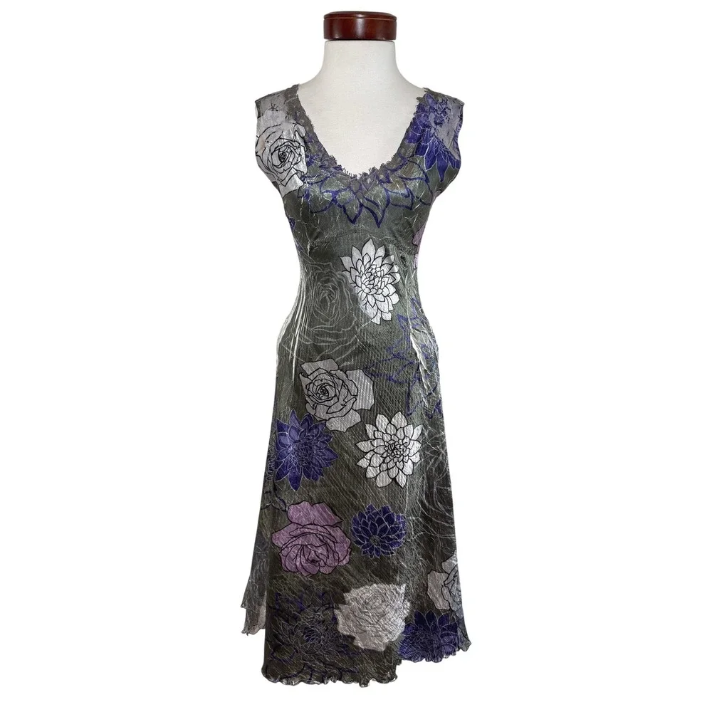 Komarov Floral Crinkle Midi Dress Lace Trim Gray Purple Whimsygoth Fairy‎ Y2K M